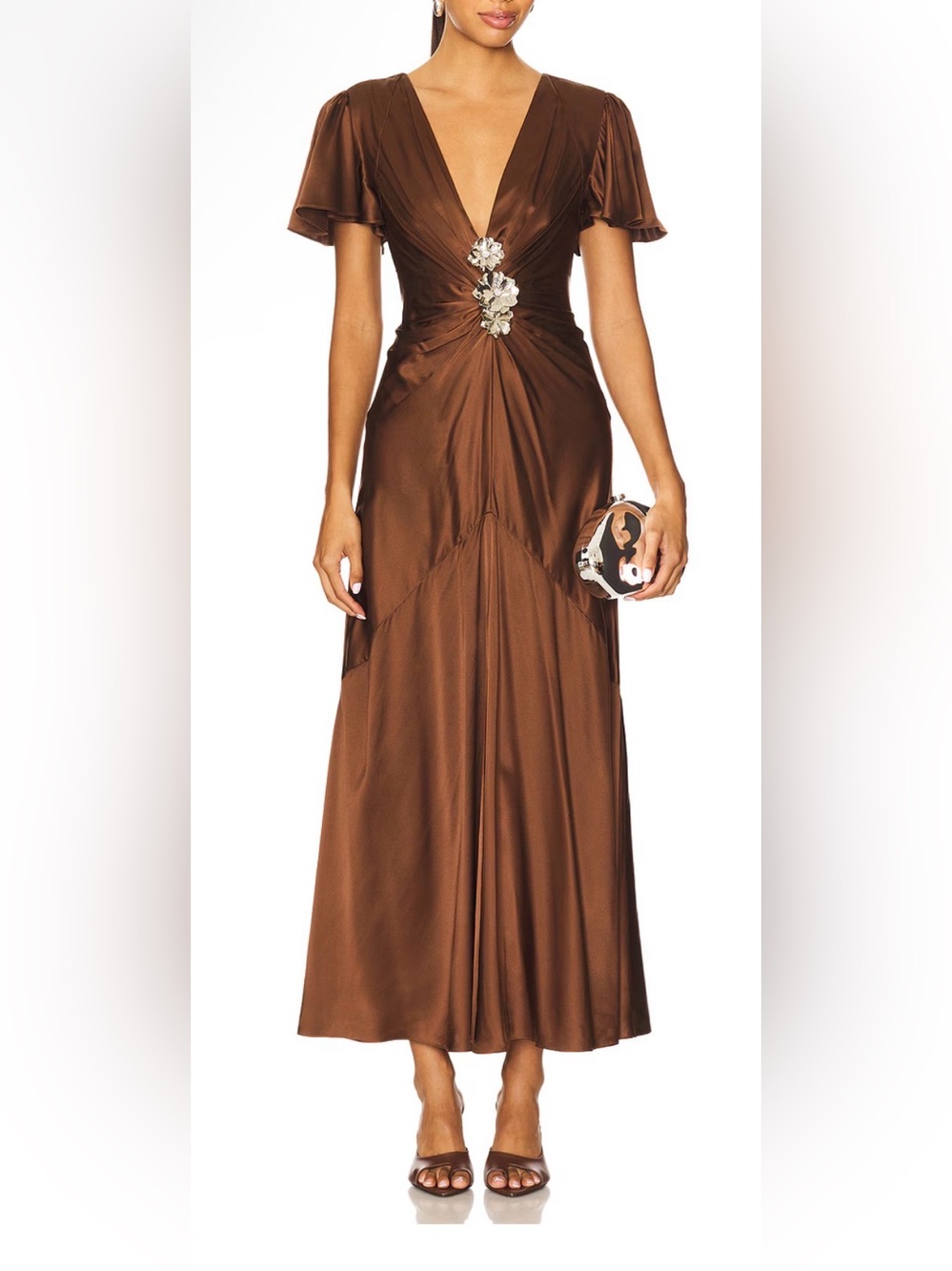cinq a sept Chocolate-Brown Satin Midi Dress with Embellished Waist
